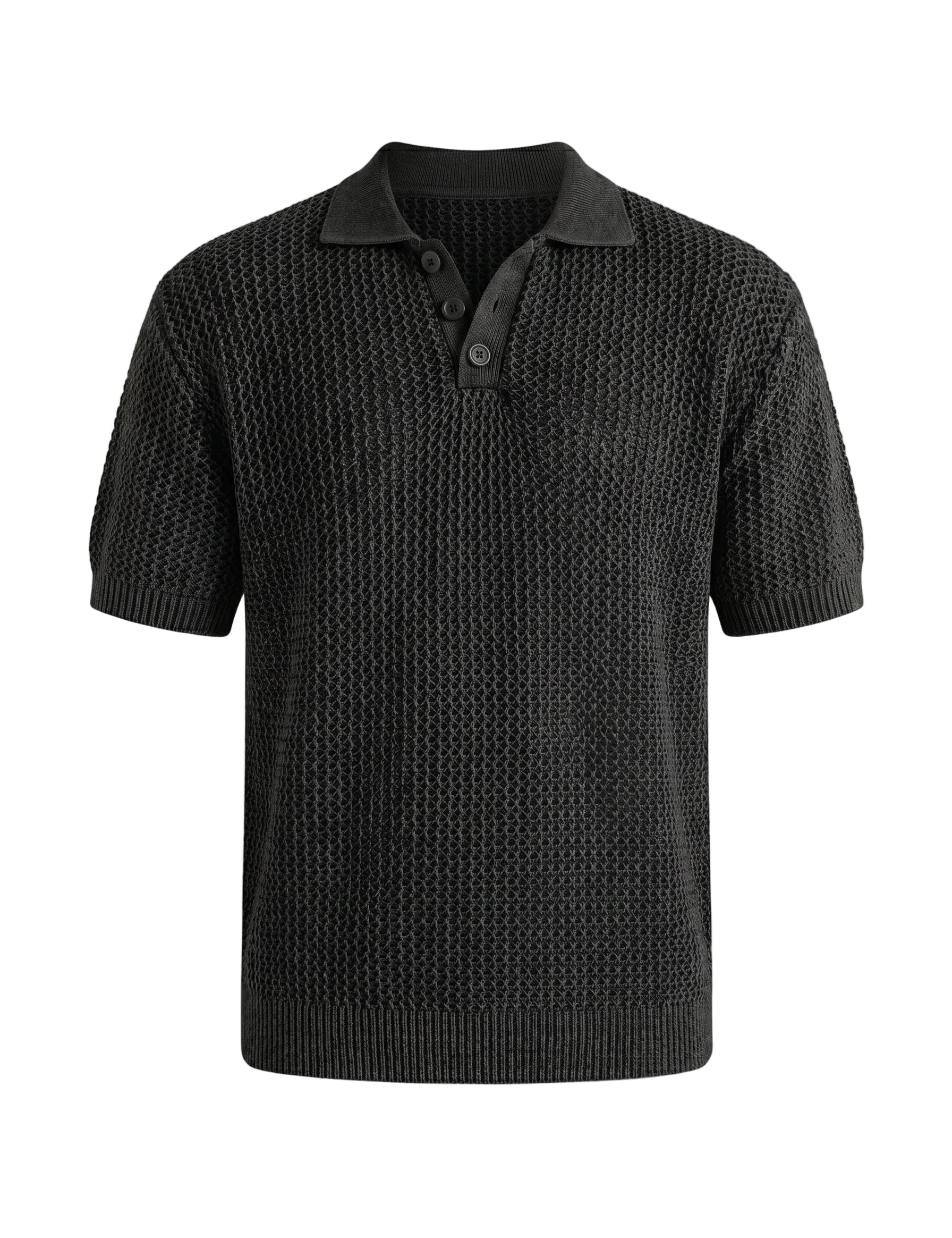 Black knitted polo shirt on a light gray background