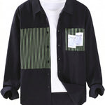 Black men’s patchwork button-up shirt with green striped panels