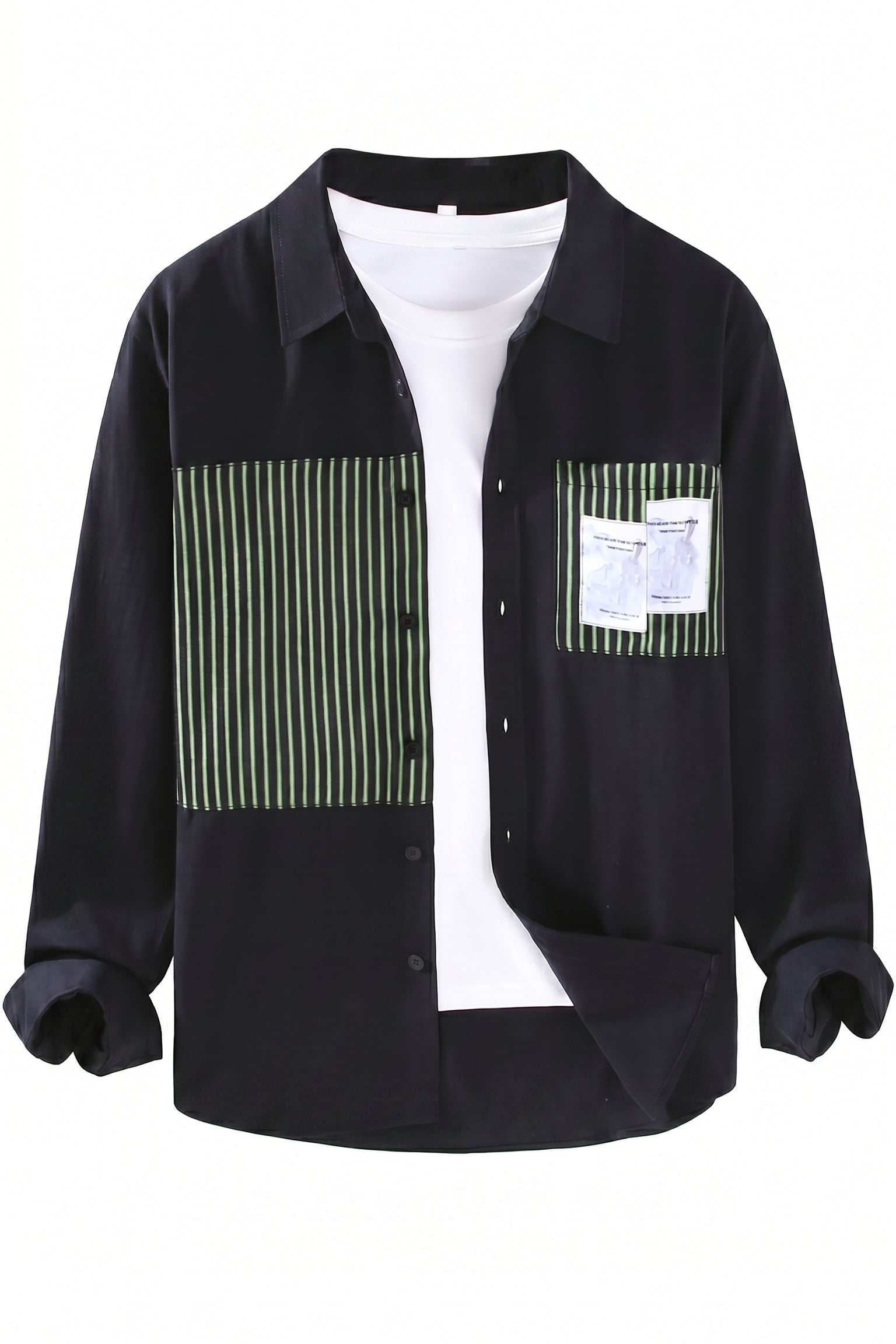 Black men’s patchwork button-up shirt with green striped panels