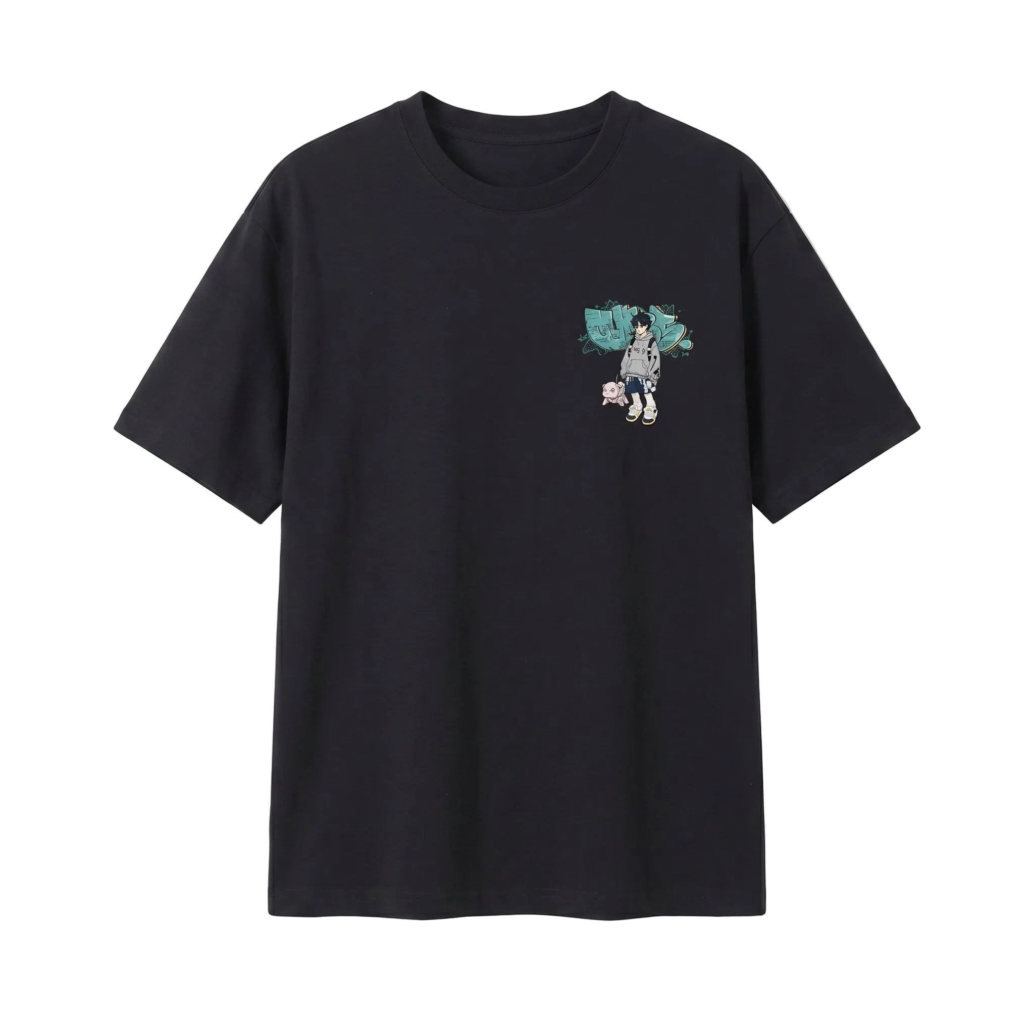 Black men’s cotton short sleeve T-shirt with small chest graphic