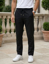Black men’s lightweight drawstring pants with elastic waistband and clean casual fit