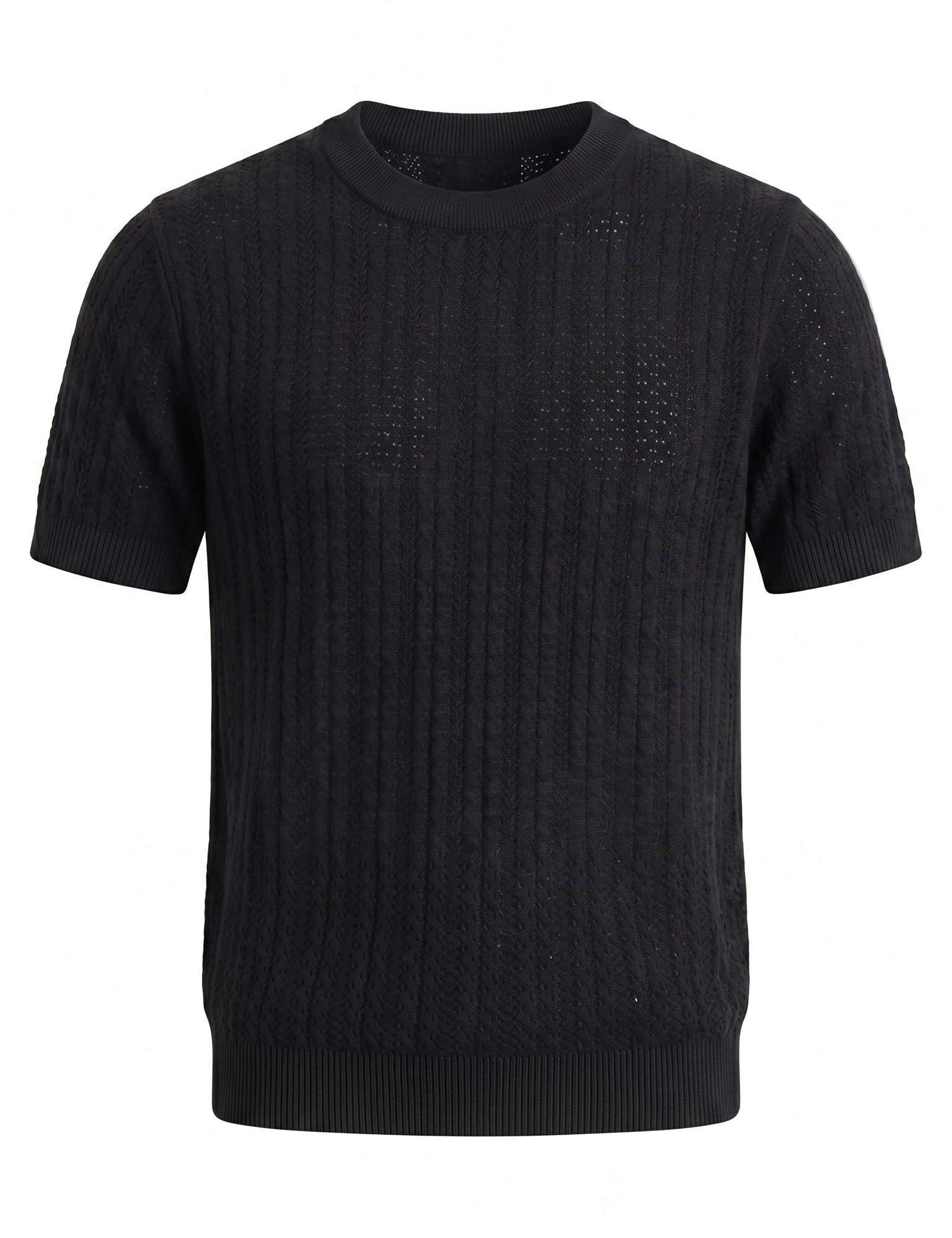 Black men’s openwork knit short sleeve T-shirt

