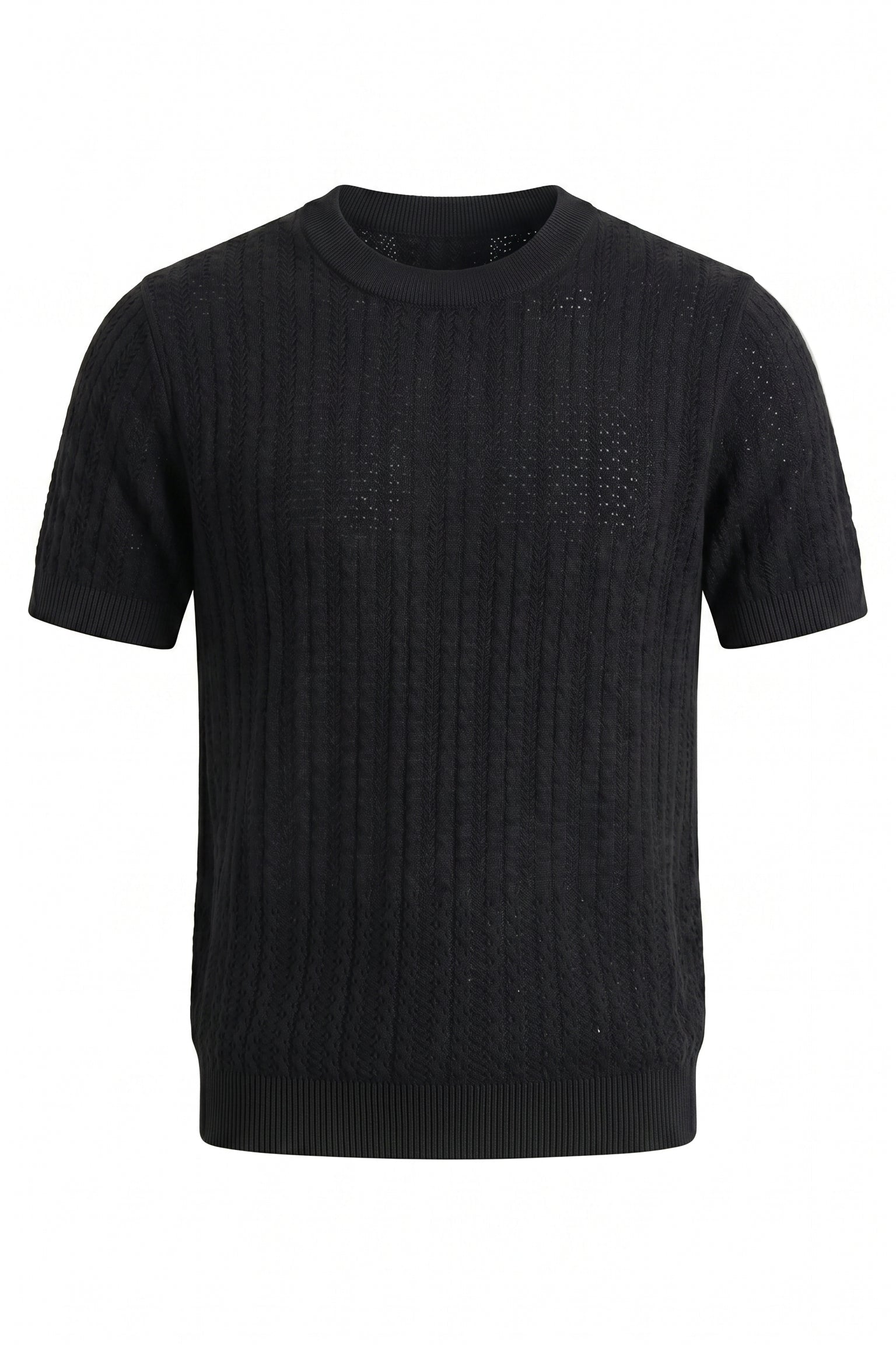 Black men’s openwork knit short sleeve T-shirt
