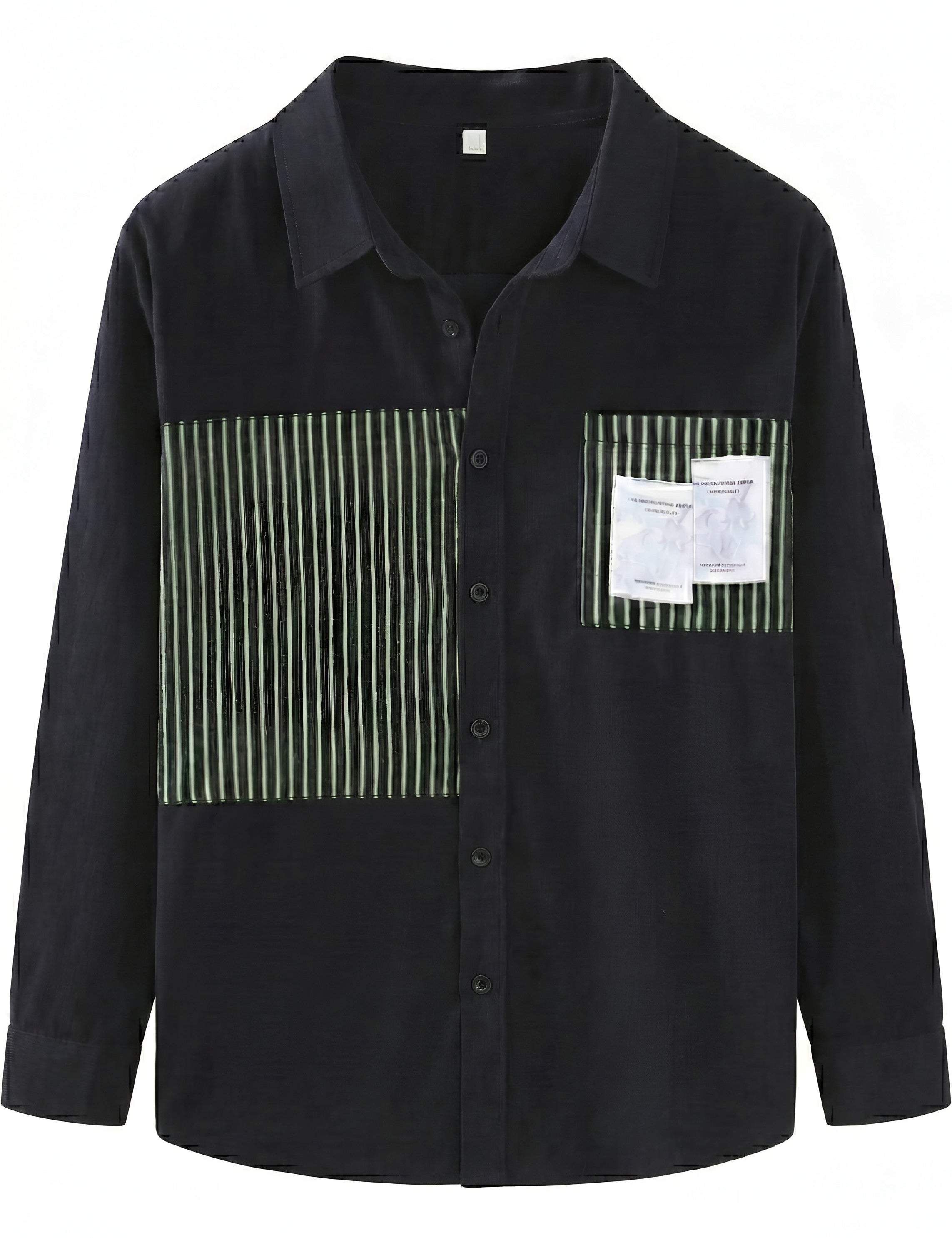 Black men’s patchwork button-up shirt with green striped panels