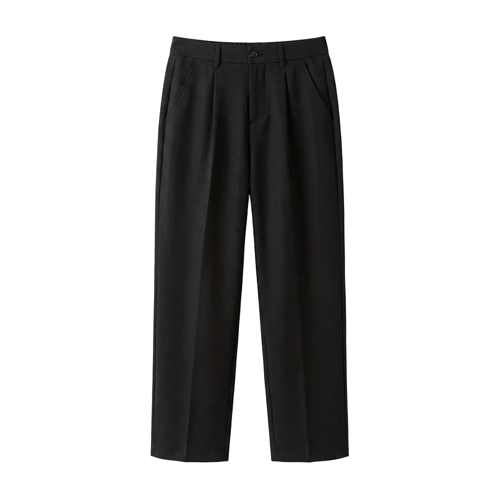 Black men’s pleated pocketed trousers with belt loops and side pockets