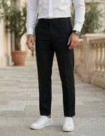 Black men’s pleated tailored pants with clean front closure and straight fit bottom