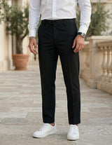 Black men’s pleated tailored pants with clean front closure and straight fit bottom