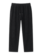Black men’s ribbed drawstring pants with elastic waist and side pockets