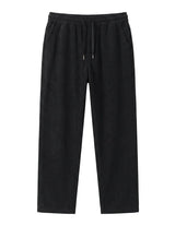 Black men’s ribbed drawstring pants with elastic waist and side pockets