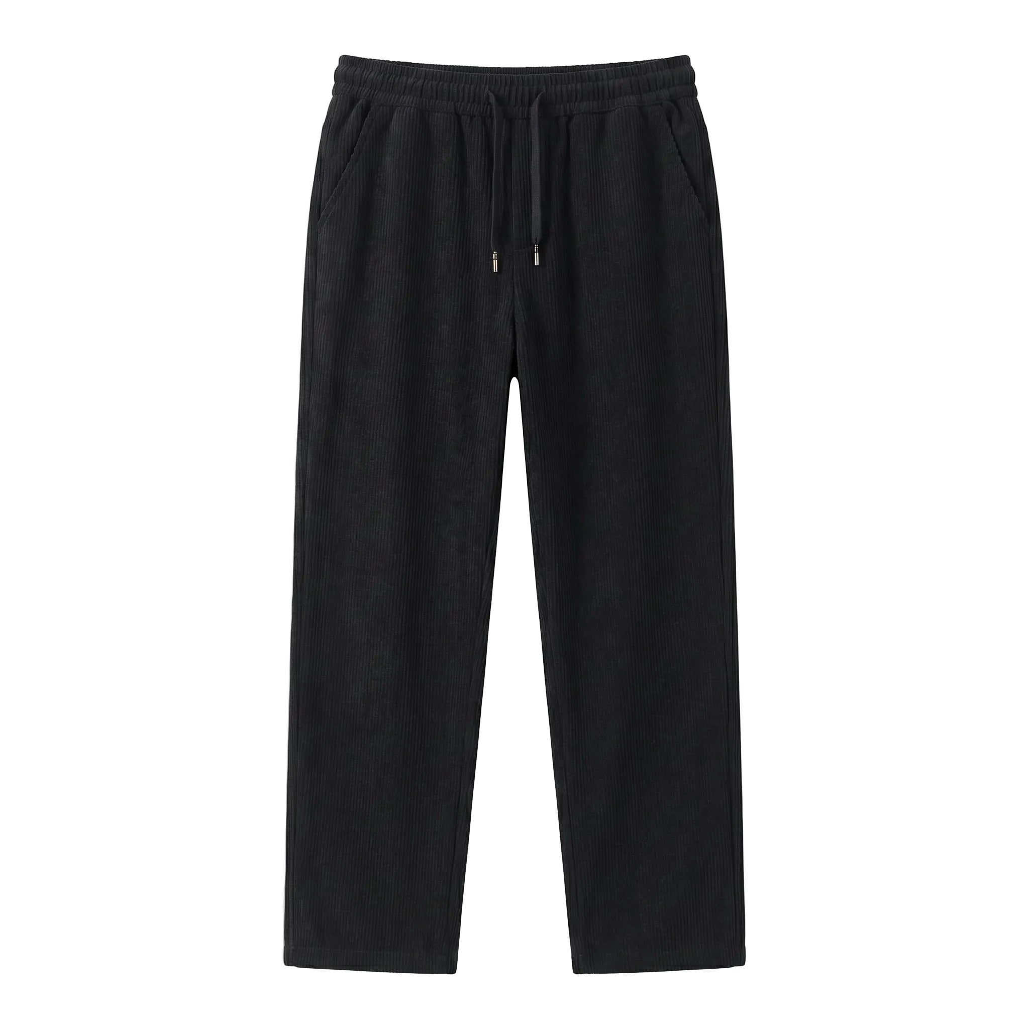 Black men’s ribbed drawstring pants with elastic waist and side pockets