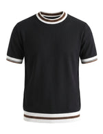 Black men’s ribbed knit T-shirt with white and brown trim