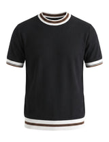 Black men’s ribbed knit T-shirt with white and brown trim