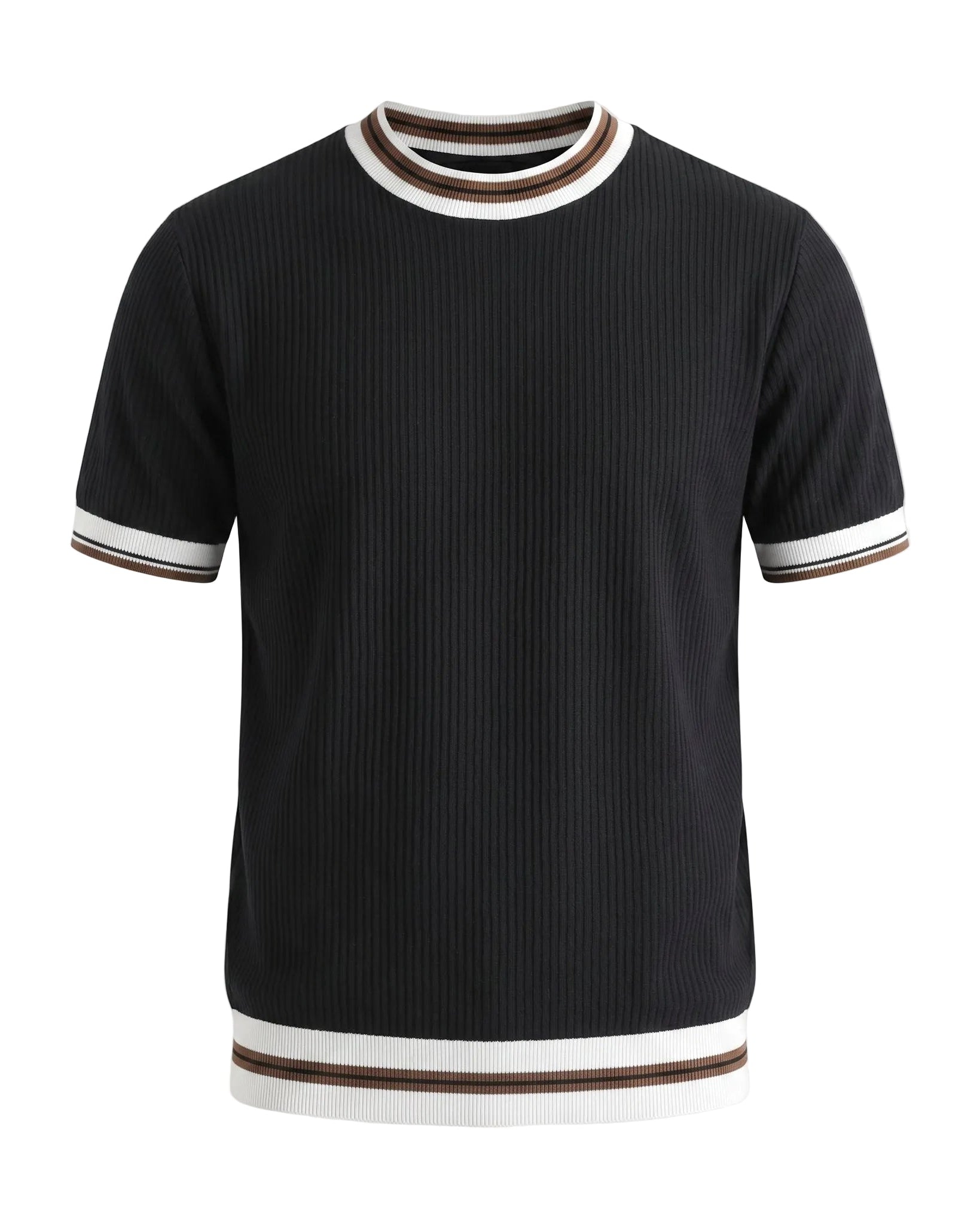 Black men’s ribbed knit T-shirt with white and brown trim
