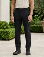 Black men’s stretch pocketed pants with clean straight fit and button-front closure bottom