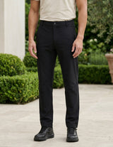 Black men’s stretch pocketed pants with clean straight fit and button-front closure bottom