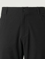 Black men’s stretch pocketed pants with clean straight fit and button-front closure close-up details