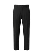 Black men’s tailored straight-leg trousers with belt loops and front crease