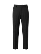 Black men’s tailored straight-leg trousers with belt loops and front crease