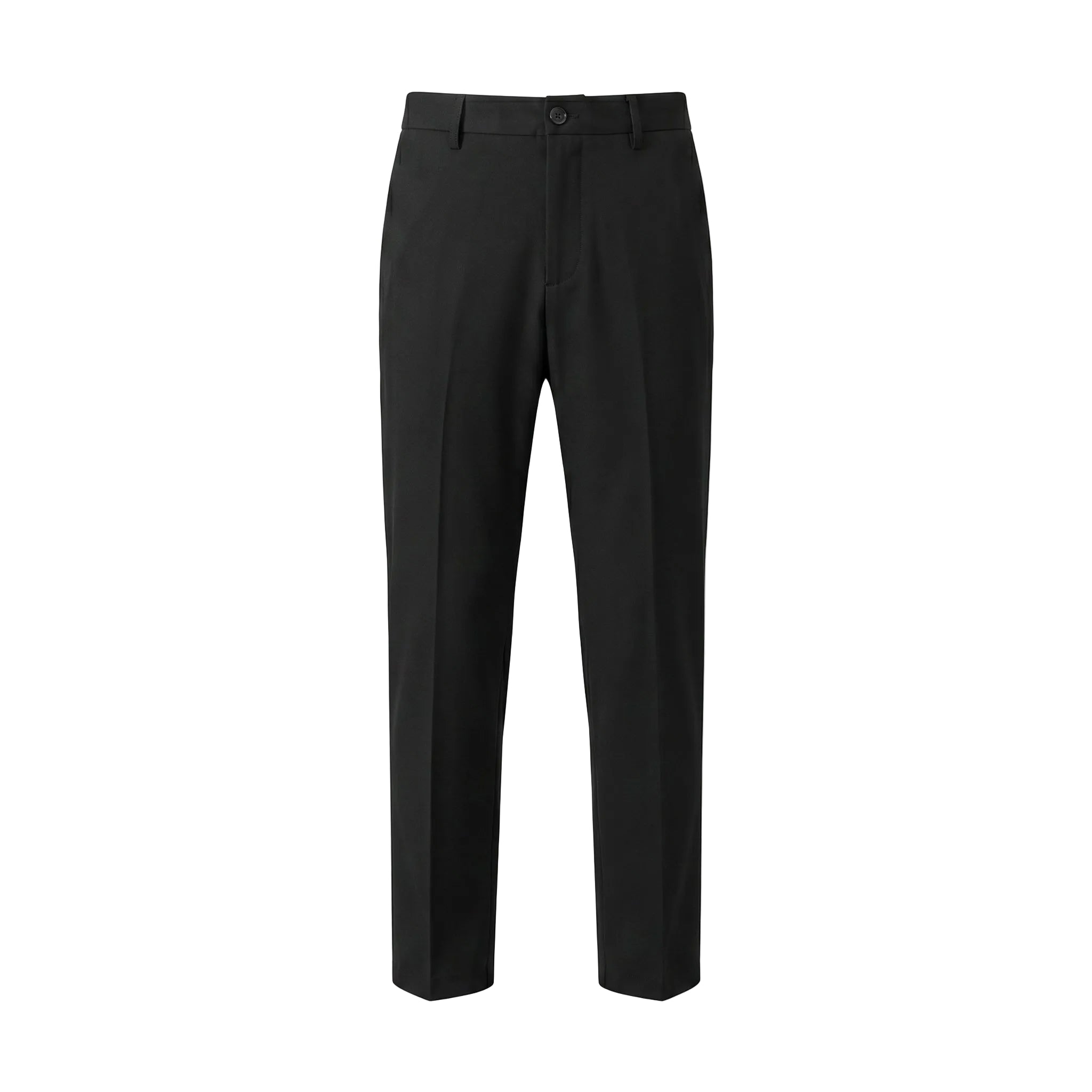 Black men’s tailored straight-leg trousers with belt loops and front crease