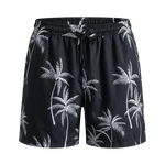 Black palm print drawstring summer shorts with elastic waistband on a white background.