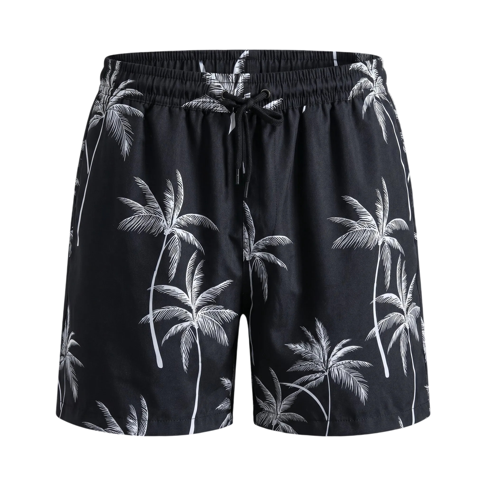 Black palm print drawstring summer shorts with elastic waistband on a white background.