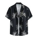 Black palm print short-sleeve button-up summer shirt on a white background.