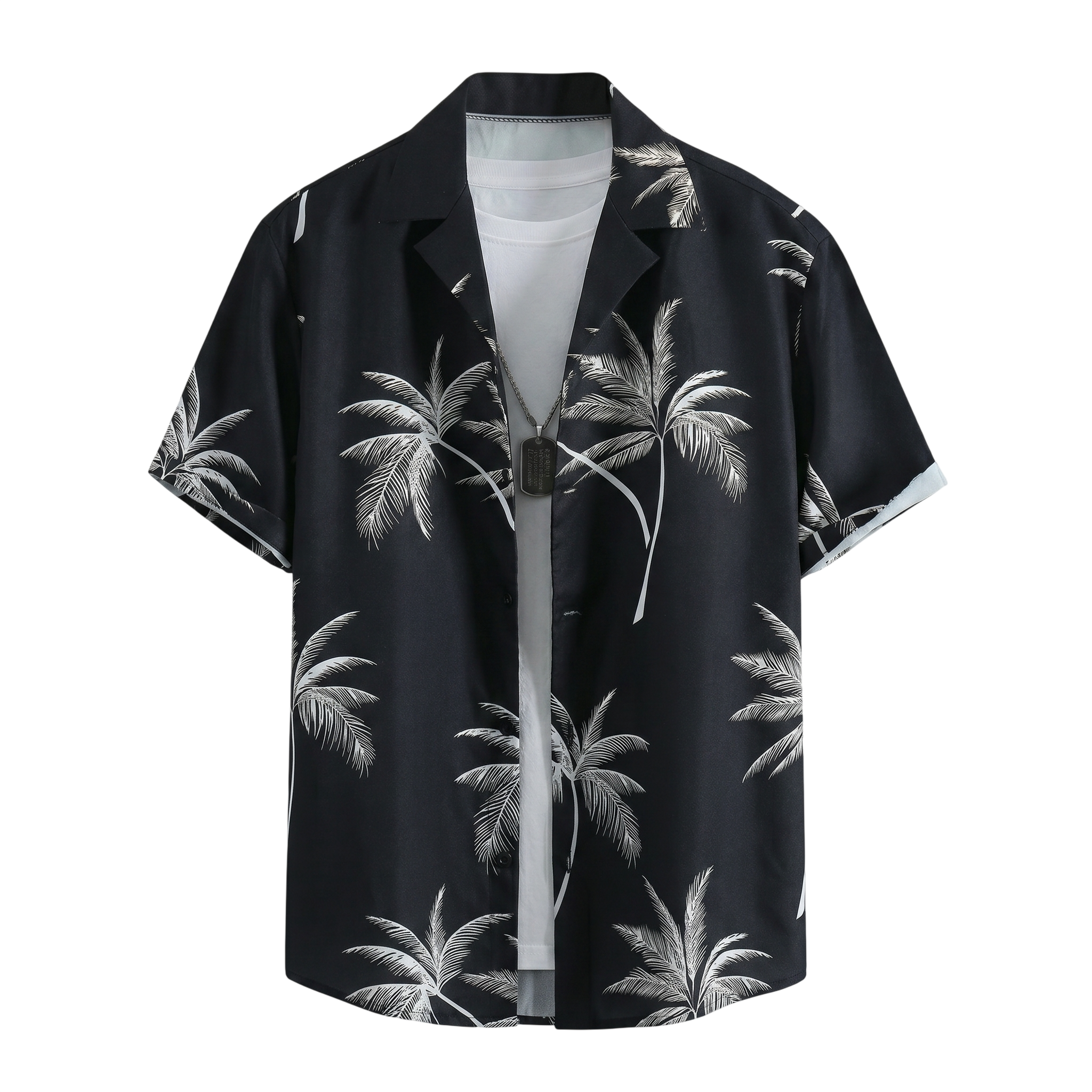 Black palm print short-sleeve button-up summer shirt on a white background.