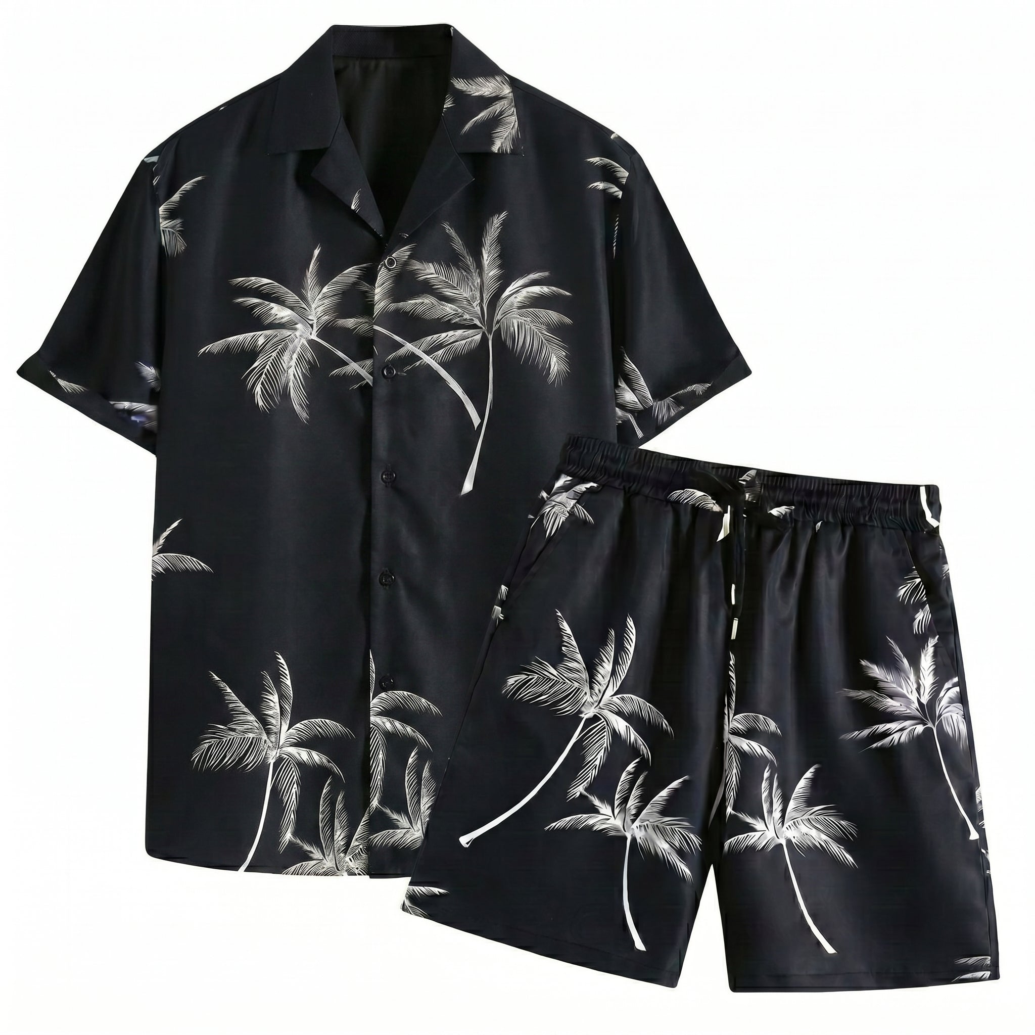 Black palm print short-sleeve shirt with matching drawstring shorts on a white background.