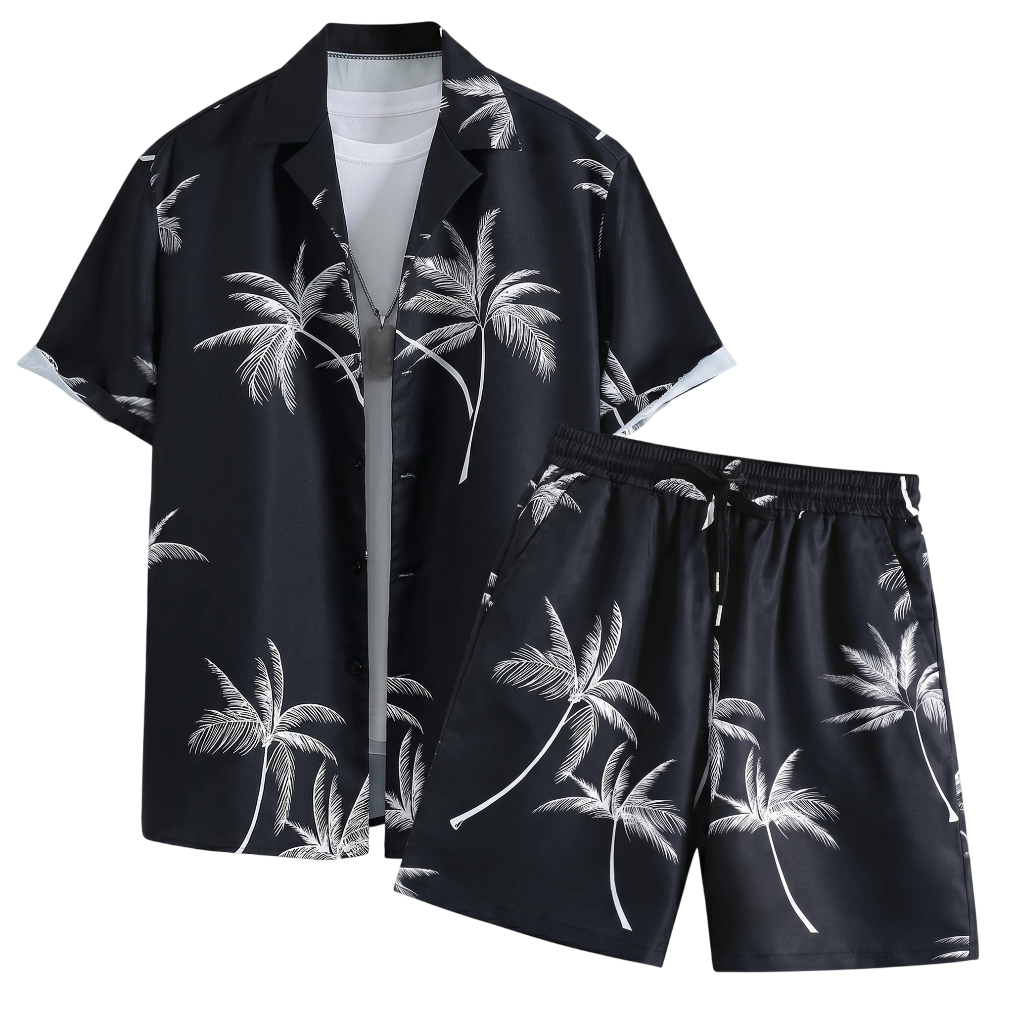 Black palm print short-sleeve shirt with matching drawstring shorts on a white background.