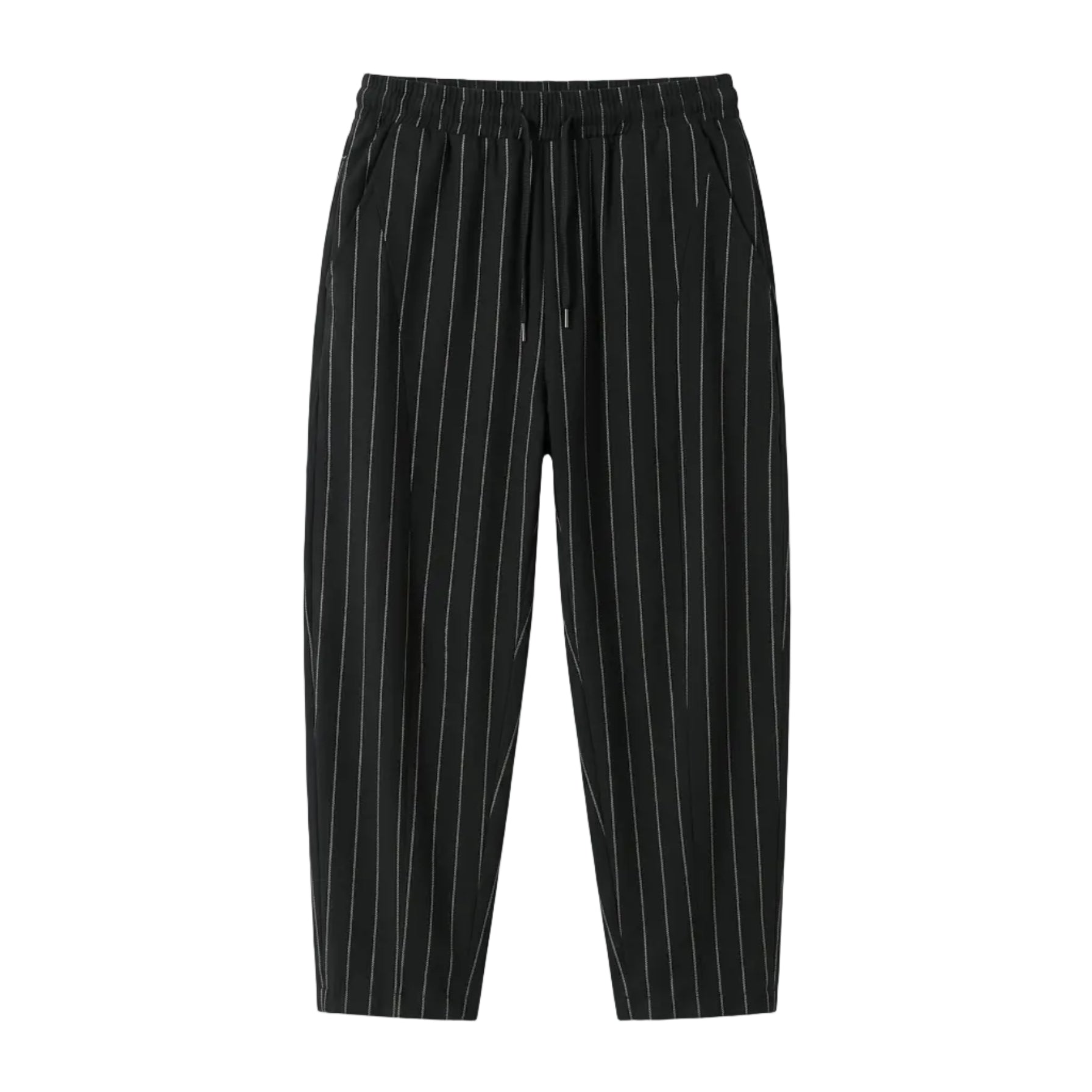 Black pinstripe trousers with a drawstring waistband, shown flat against a light gray background.