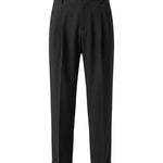 Black pleated casual pants with tapered legs on a white background.