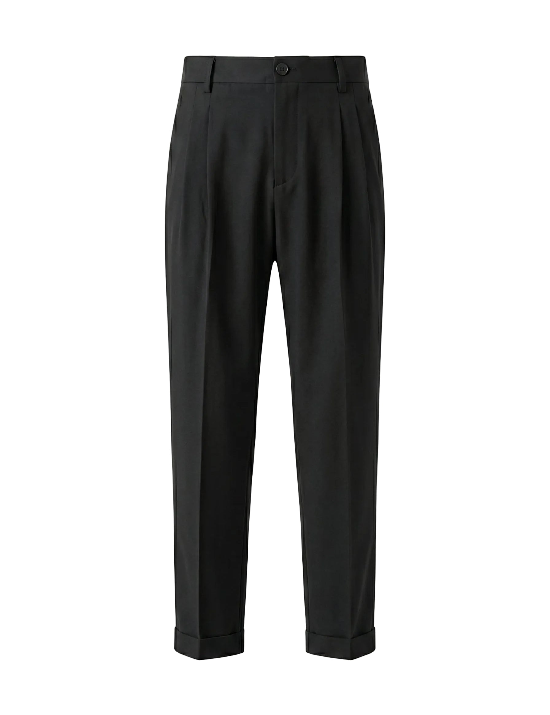 Black pleated casual pants with tapered legs on a white background.