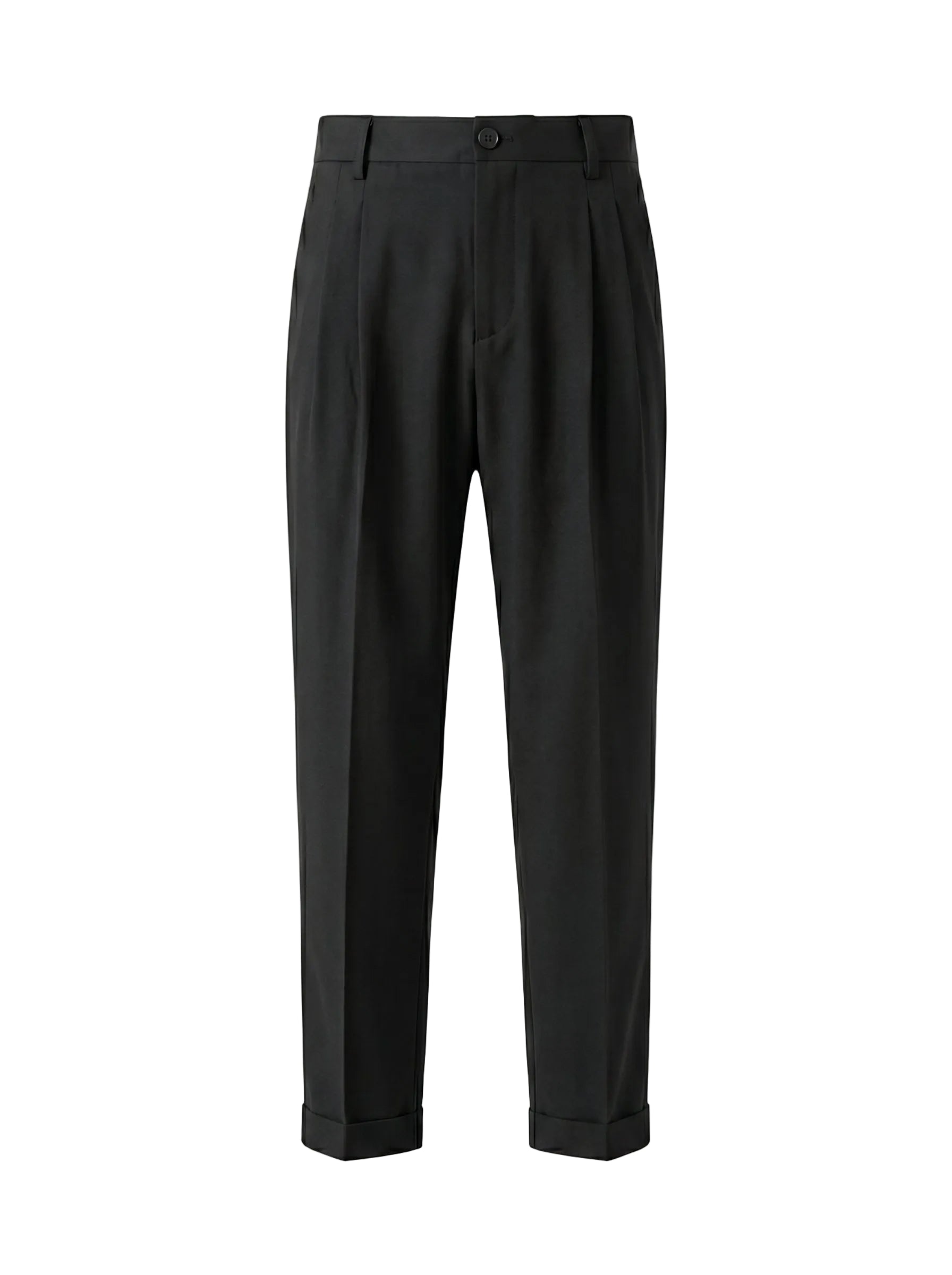 Black pleated casual pants with tapered legs on a white background.