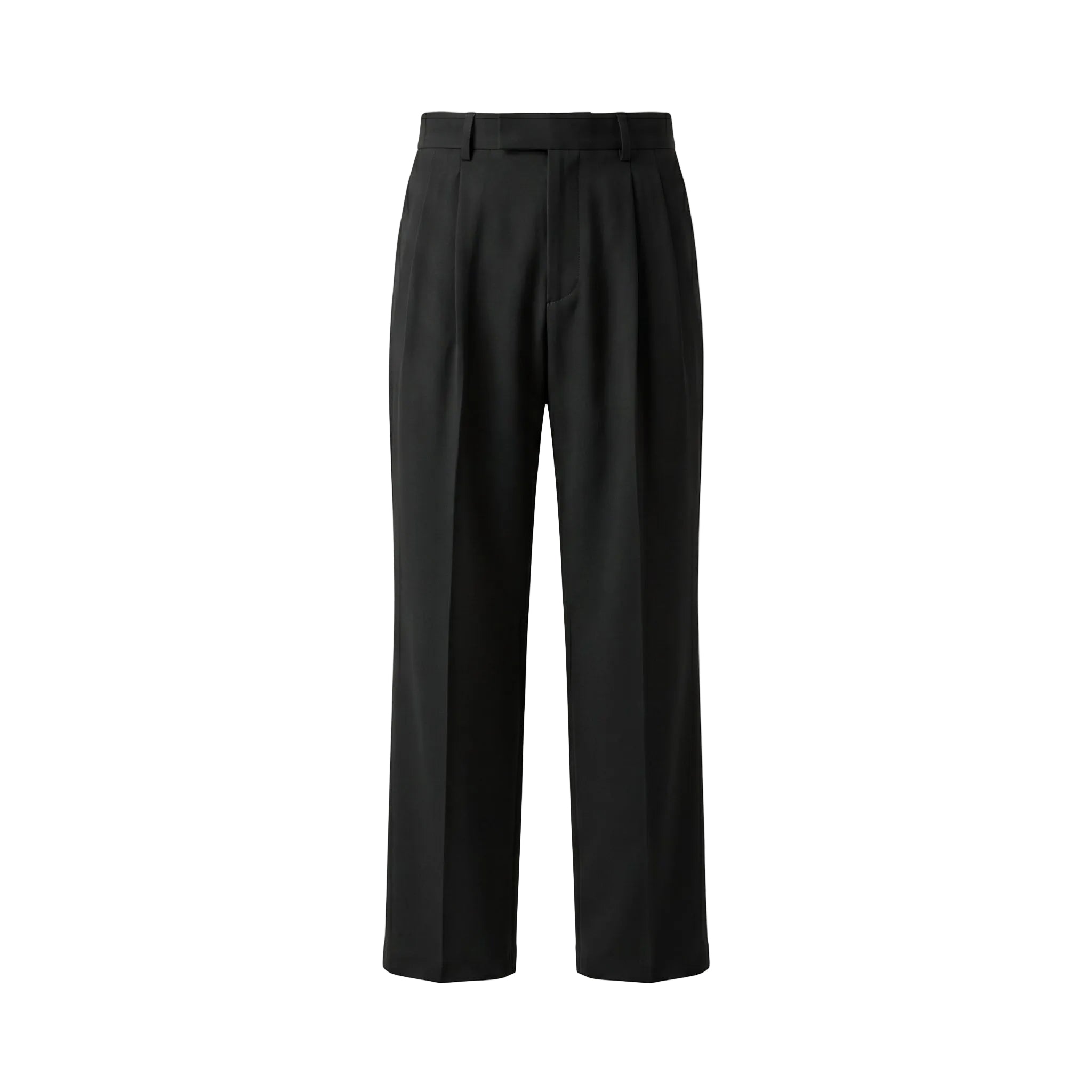 Black pleated casual pants with wide legs on a white background.