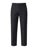 Black pleated tailored pants with straight legs on a white background.