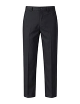Black pleated tailored pants with straight legs on a white background.