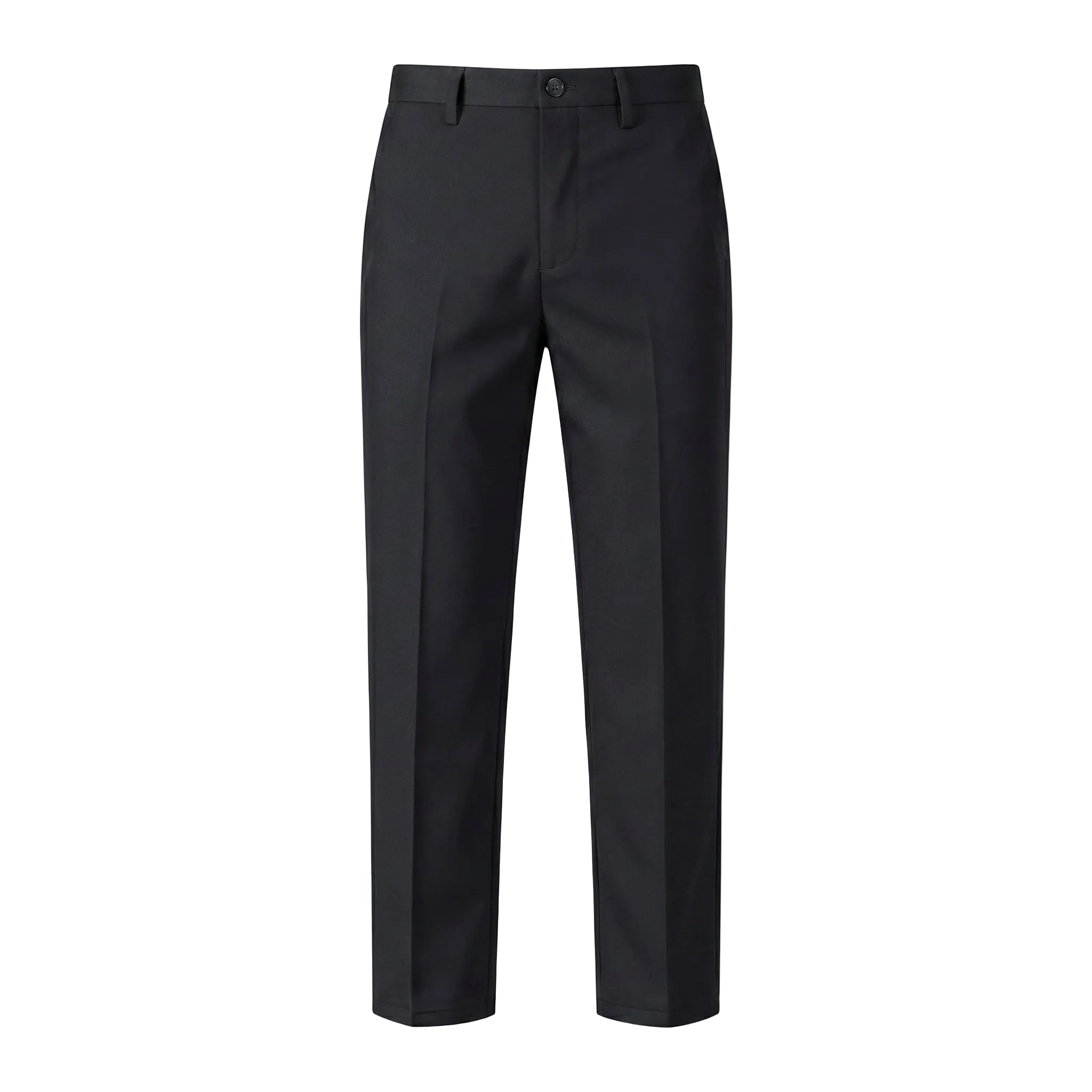 Black pleated tailored pants with straight legs on a white background.