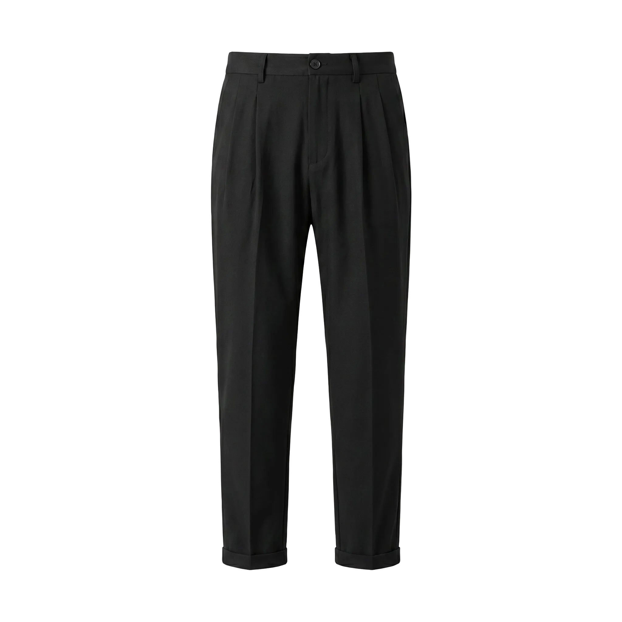 Black pleated tailored pants with straight legs on a white background.