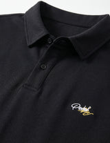 Black polo shirt with a small embroidered logo on the chest.