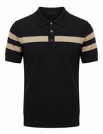 Black polo shirt with beige stripes on a white background