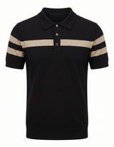 Black polo shirt with beige stripes on a white background