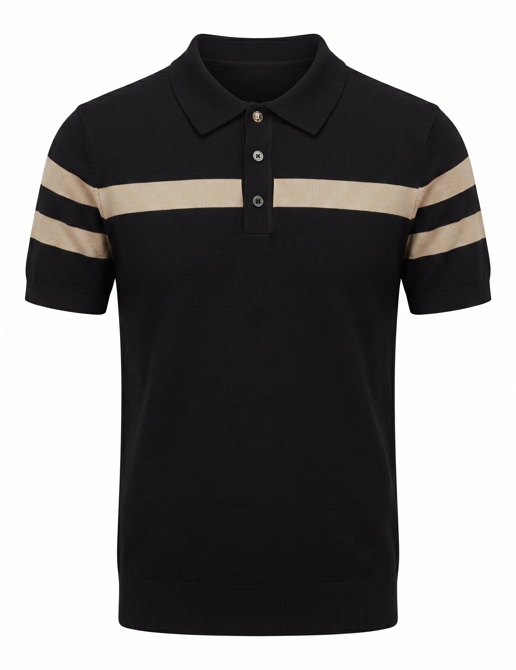 Black polo shirt with beige stripes on a white background