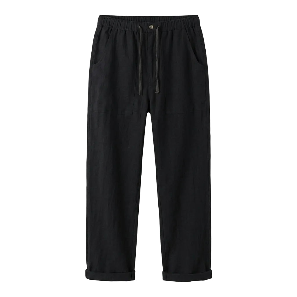 Black relaxed-fit casual pants on a white background.