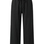 Black relaxed-fit casual pants on a white background.