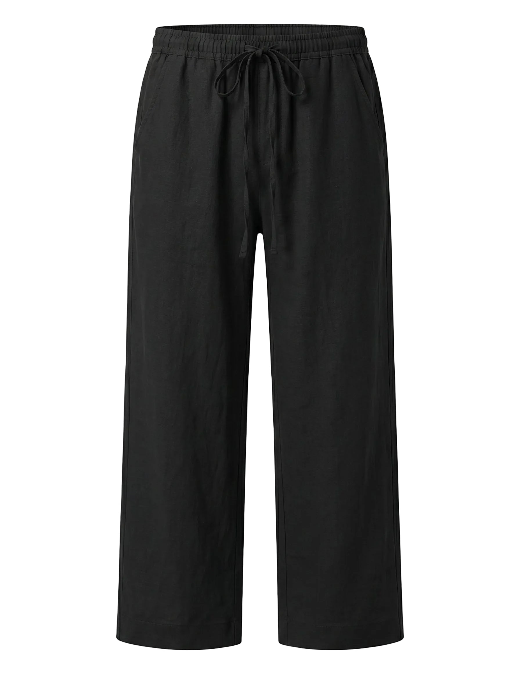 Black relaxed-fit casual pants on a white background.