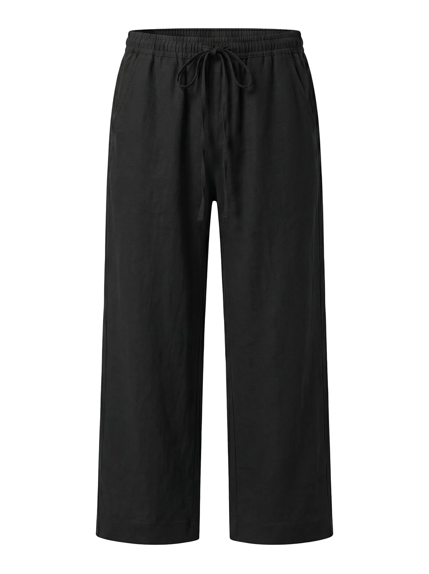 Black relaxed-fit casual pants on a white background.