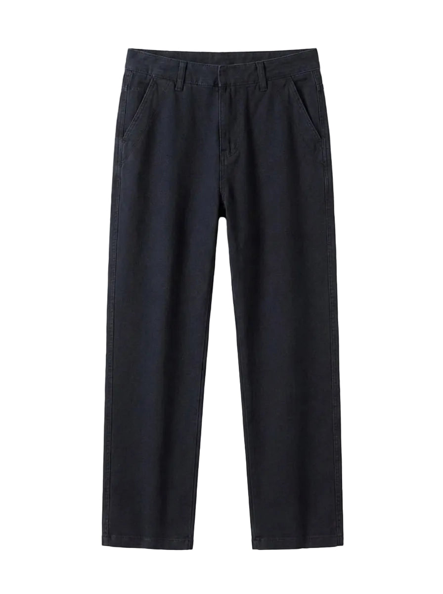 Black relaxed-fit casual pants with straight legs on a white background.