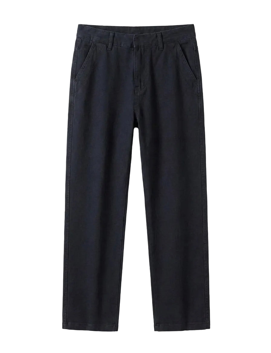 Black relaxed-fit casual pants with straight legs on a white background.
