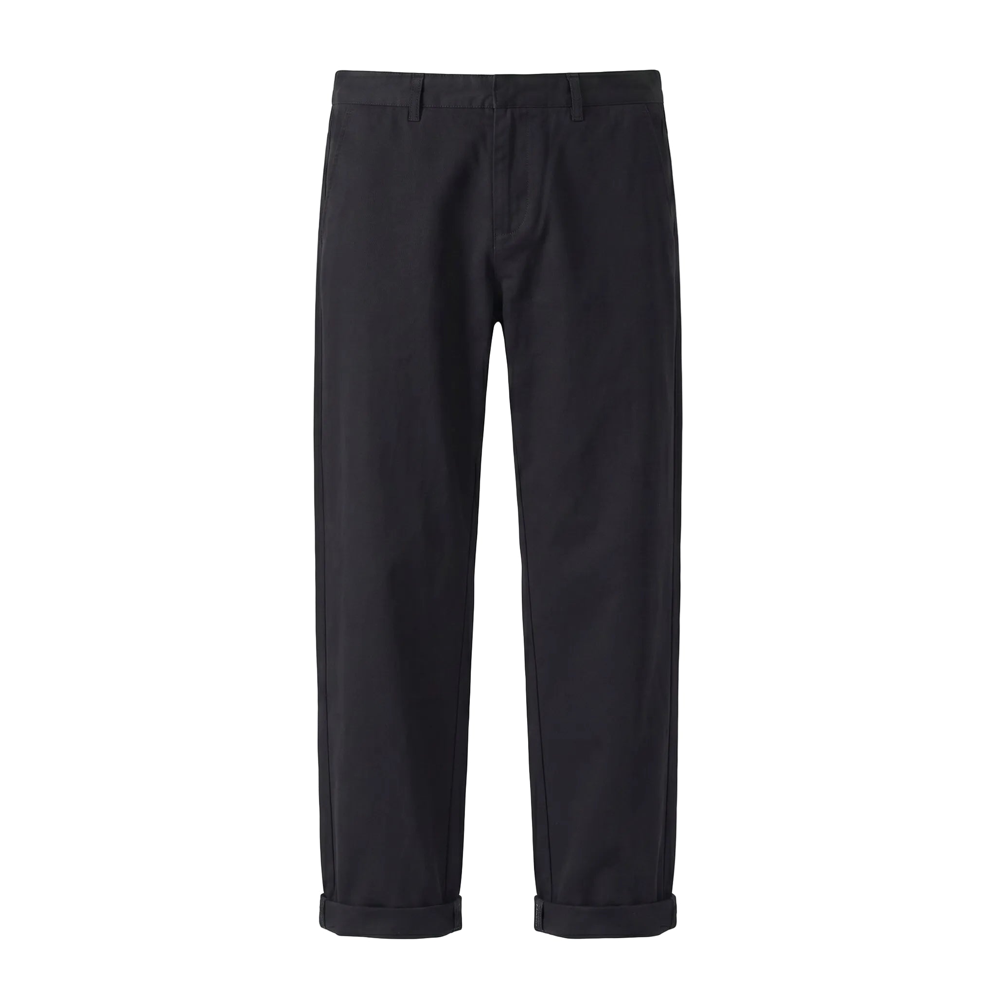 Black relaxed-fit casual pants with straight legs on a white background.