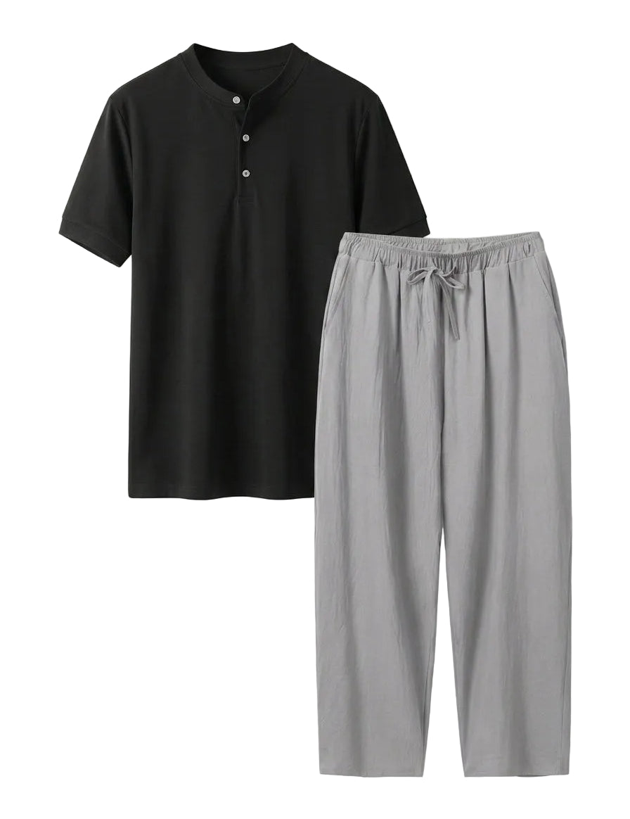 Black shirt and gray pants set on a white background